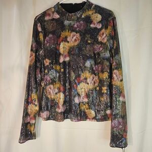 Nicole Miller Floral Sequin Long Sleeve Evening Top‎ Sparkly Party Blouse XL